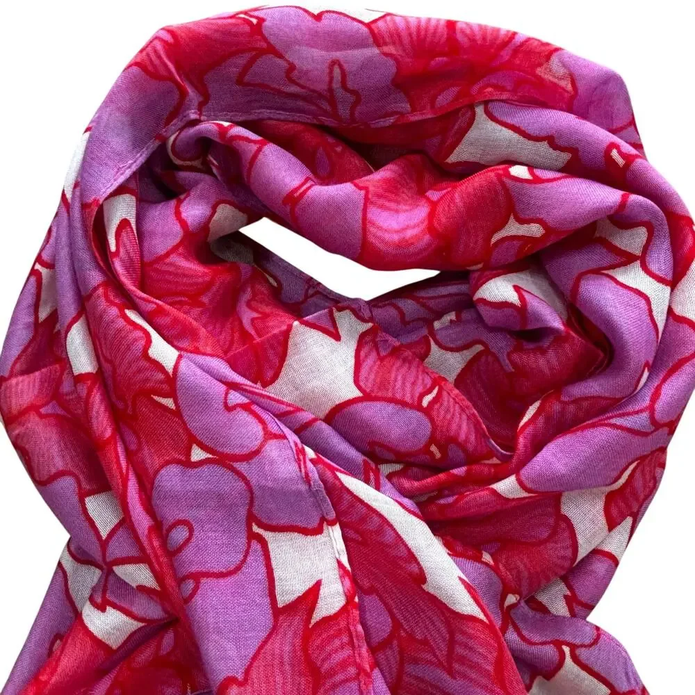 Summer weight soft rayon woven scarf pink & white floral flowers casual wrap